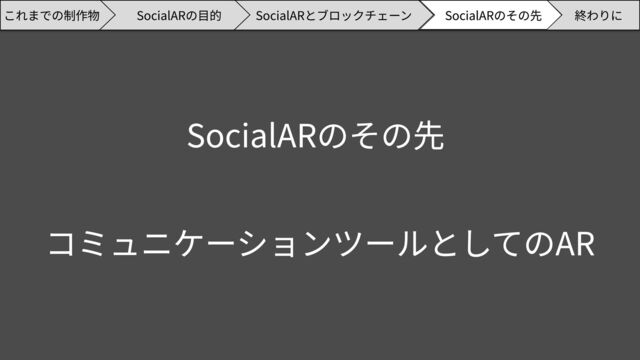 SocialARのその先 終わりに
SocialARの目的 SocialARとブロックチェーン
これまでの制作物
コミュニケーションツールとしてのAR
SocialARのその先

