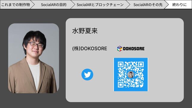 SocialARのその先 終わりに
SocialARの目的 SocialARとブロックチェーン
これまでの制作物
(株)DOKOSORE
水野夏来
