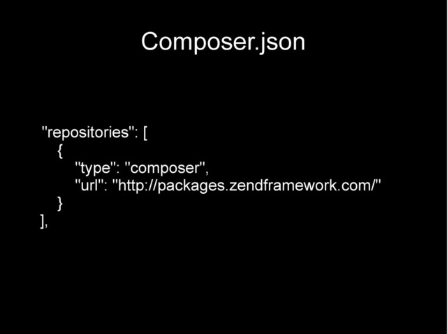 Composer.json
"repositories": [
{
"type": "composer",
"url": "http://packages.zendframework.com/"
}
],
