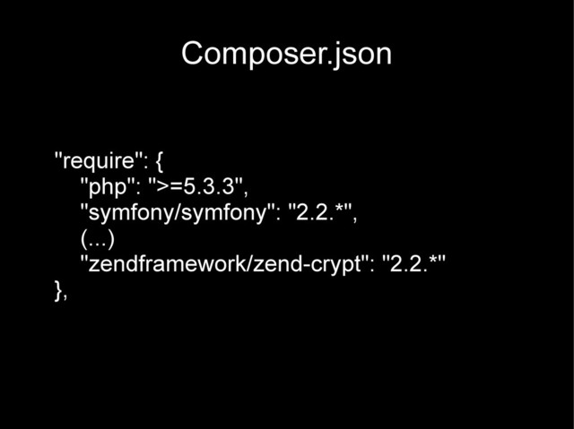 Composer.json
"require": {
"php": ">=5.3.3",
"symfony/symfony": "2.2.*",
(...)
"zendframework/zend-crypt": "2.2.*"
},

