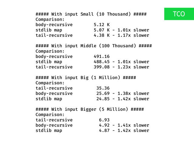 ##### With input Small (10 Thousand) #####
Comparison:
body-recursive 5.12 K
stdlib map 5.07 K - 1.01x slower
tail-recursive 4.38 K - 1.17x slower
##### With input Middle (100 Thousand) #####
Comparison:
body-recursive 491.16
stdlib map 488.45 - 1.01x slower
tail-recursive 399.08 - 1.23x slower
##### With input Big (1 Million) #####
Comparison:
tail-recursive 35.36
body-recursive 25.69 - 1.38x slower
stdlib map 24.85 - 1.42x slower
##### With input Bigger (5 Million) #####
Comparison:
tail-recursive 6.93
body-recursive 4.92 - 1.41x slower
stdlib map 4.87 - 1.42x slower
TCO
