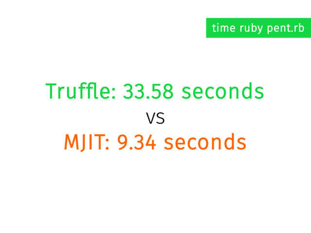 Truffle: 33.58 seconds
vs
MJIT: 9.34 seconds
time ruby pent.rb
