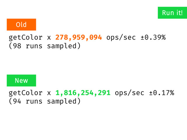 getColor x 278,959,094 ops/sec ±0.39%
(98 runs sampled)
getColor x 1,816,254,291 ops/sec ±0.17%
(94 runs sampled)
Run it!
New
Old
