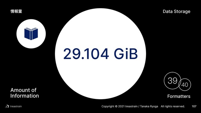 Copyright © 2021 treastrain / Tanaka RyogaɹAll rights reserved. 107
29.104 GiB
Formatters
40
39
Amount of
Information
Data Storage
৘ใྔ
