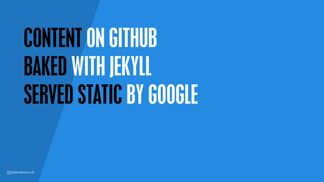 @philhawksworth
CONTENT ON GITHUB
BAKED WITH JEKYLL
SERVED STATIC BY GOOGLE
