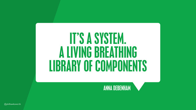 @philhawksworth
IT’S A SYSTEM.
A LIVING BREATHING
LIBRARY OF COMPONENTS
ANNA DEBENHAM
