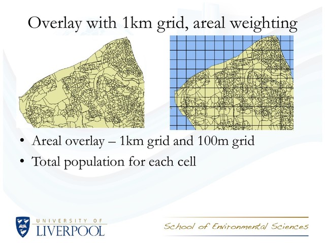 Overlay with 1km grid, areal weighting
• Areal overlay – 1km grid and 100m grid
• Total population for each cell
