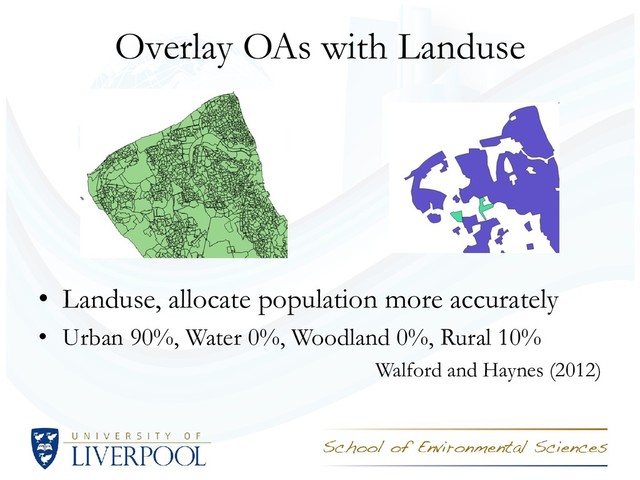 Overlay OAs with Landuse
• Landuse, allocate population more accurately
• Urban 90%, Water 0%, Woodland 0%, Rural 10%
Walford and Haynes (2012)
