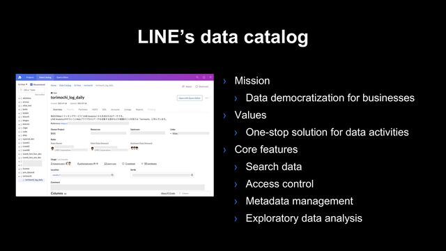 LINE’s data catalog
› Mission
› Data democratization for businesses
› Values
› One-stop solution for data activities
› Core features
› Search data
› Access control
› Metadata management
› Exploratory data analysis
