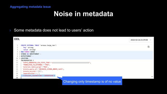 Noise in metadata
› Some metadata does not lead to users’ action
Changing only timestamp is of no value
Aggregating metadata issue
