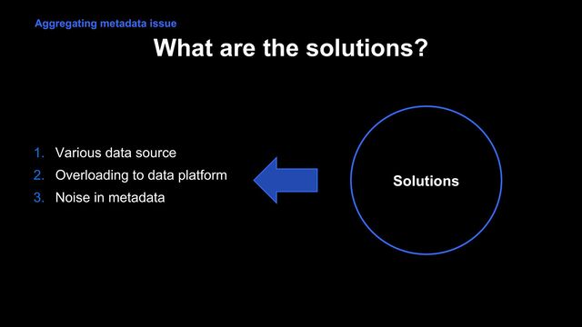 What are the solutions?
1. Various data source
2. Overloading to data platform
3. Noise in metadata
Aggregating metadata issue
Solutions

