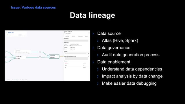 Data lineage
› Data source
› Atlas (Hive, Spark)
› Data governance
› Audit data generation process
› Data enablement
› Understand data dependencies
› Impact analysis by data change
› Make easier data debugging
Issue: Various data sources
