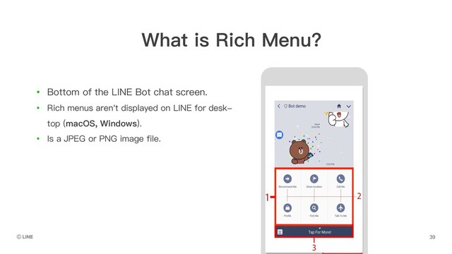 A
B
C
• Bottom of the LINE Bot chat screen.
• Rich menus aren't displayed on LINE for desk-
top (macOS, Windows).
• Is a JPEG or PNG image file.
What is Rich Menu?
