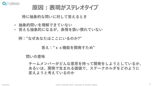 原因：表現がステレオタイプ
14
2023/9/8 JaSST Hokkaido 2023 copyright © Atsushi Nagata
特に抽象的な問いに対して答えるとき
• 抽象的問いを理解できていない
• 答えも抽象的になるが、表現を扱い慣れていない
例：”なぜあなたはここにいるのか?”
答え：“ｘｘ機能を開発すため”
問いの意味
チームメンバーがどんな意思を持って開発をしようとしているか、
あるいは、開発で生まれる価値で、ステークホルダをどのように
変えようと考えているのか
