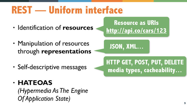 9
REST — Uniform interface
• Identification of resources
• Manipulation of resources  
through representations
• Self-descriptive messages
• HATEOAS  
(Hypermedia As The Engine  
Of Application State)
Resource as URIs
http://api.co/cars/123
JSON, XML…
HTTP GET, POST, PUT, DELETE
media types, cacheability…
