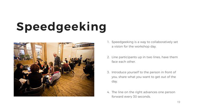 19
Speedgeeking
1. Speedgeeking is a way to collaboratively set
a vision for the workshop day.
2. Line participants up in two lines, have them
face each other.
3. Introduce yourself to the person in front of
you, share what you want to get out of the
day.
4. The line on the right advances one person
forward every 30 seconds.
