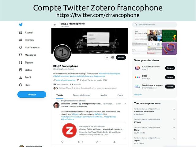 Compte Twitter Zotero francophone
https://twitter.com/zfrancophone
