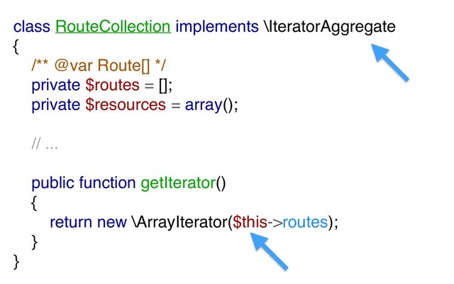 class RouteCollection implements \IteratorAggregate
{
/** @var Route[] */
private $routes = [];
private $resources = array();
// ...
public function getIterator()
{
return new \ArrayIterator($this->routes);
}
}
