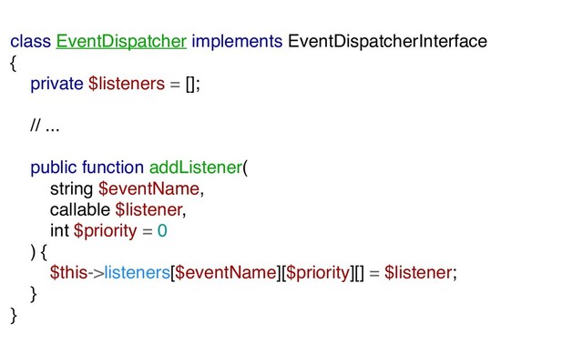 class EventDispatcher implements EventDispatcherInterface
{
private $listeners = [];
// ...
public function addListener(
string $eventName,
callable $listener,
int $priority = 0
) {
$this->listeners[$eventName][$priority][] = $listener;
}
}
