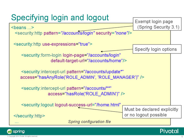 5
© Copyright 2014 Pivotal. All rights reserved.







... Spring configuration file
Specifying login and logout
Must be declared explicitly
or no logout possible
Exempt login page
(Spring Security 3.1)
Specify login options
