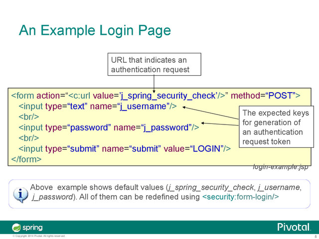8
© Copyright 2014 Pivotal. All rights reserved.
An Example Login Page
” method=“POST”>

<br>

<br>


The expected keys
for generation of
an authentication
request token
URL that indicates an
authentication request
Above example shows default values (j_spring_security_check, j_username,
j_password). All of them can be redefined using 
login-example.jsp
