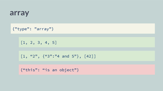 array
[1, 2, 3, 4, 5]
[1, “2”, {“3”:”4 and 5”}, [42]]
{”type”: ”array”}
{“this”: “is an object”}
