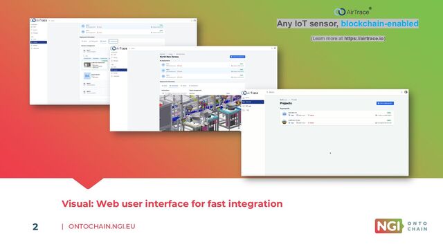| ONTOCHAIN.NGI.EU
2
Visual: Web user interface for fast integration
Any IoT sensor, blockchain-enabled
(Learn more at https://airtrace.io)
®
