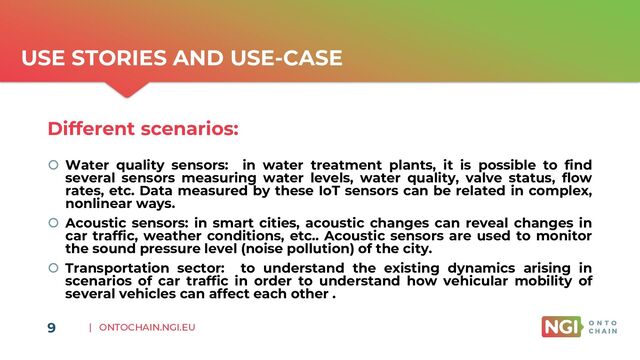 | ONTOCHAIN.NGI.EU
9
USE STORIES AND USE-CASE
Different scenarios:
 Water quality sensors: in water treatment plants, it is possible to find
several sensors measuring water levels, water quality, valve status, flow
rates, etc. Data measured by these IoT sensors can be related in complex,
nonlinear ways.
 Acoustic sensors: in smart cities, acoustic changes can reveal changes in
car traffic, weather conditions, etc.. Acoustic sensors are used to monitor
the sound pressure level (noise pollution) of the city.
 Transportation sector: to understand the existing dynamics arising in
scenarios of car traffic in order to understand how vehicular mobility of
several vehicles can affect each other .
