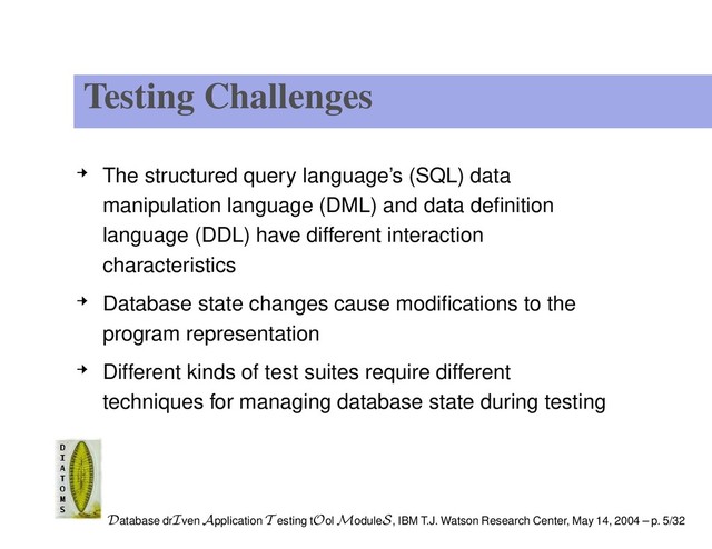 Testing Challenges
The structured query language’s (SQL) data
manipulation language (DML) and data deﬁnition
language (DDL) have different interaction
characteristics
Database state changes cause modiﬁcations to the
program representation
Different kinds of test suites require different
techniques for managing database state during testing
Database drIven Application T esting tOol ModuleS, IBM T.J. Watson Research Center, May 14, 2004 – p. 5/32

