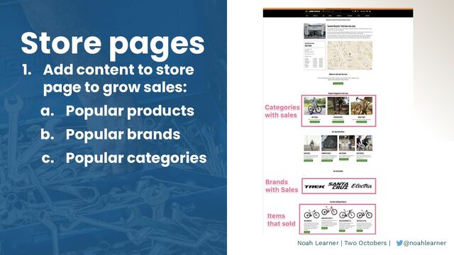 Noah Learner | Two Octobers | @noahlearner
Store pages
1. Add content to store
page to grow sales:
a. Popular products
b. Popular brands
c. Popular categories
