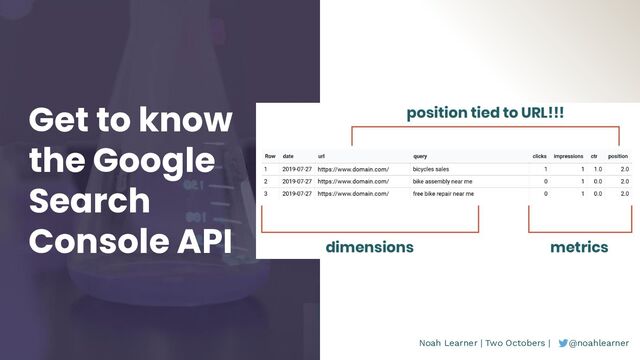 Noah Learner | Two Octobers | @noahlearner
Get to know
the Google
Search
Console API
