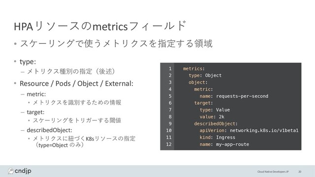 Cloud Native Developers JP
HPAリソースのmetricsフィールド
• スケーリングで使うメトリクスを指定する領域
• type:
– メトリクス種別の指定（後述）
• Resource / Pods / Object / External:
– metric:
• メトリクスを識別するための情報
– target:
• スケーリングをトリガーする閾値
– describedObject:
• メトリクスに紐づくK8sリソースの指定
（type=Object のみ）
20
metrics:
type: Object
object:
metric:
name: requests-per-second
target:
type: Value
value: 2k
describedObject:
apiVerion: networking.k8s.io/v1beta1
kind: Ingress
name: my-app-route
1
2
3
4
5
6
7
8
9
10
11
12
