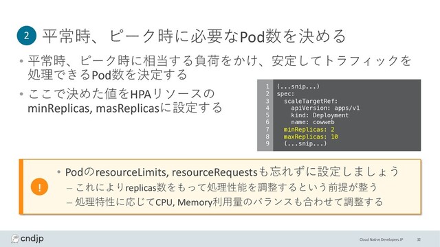 Cloud Native Developers JP
平常時、ピーク時に必要なPod数を決める
• 平常時、ピーク時に相当する負荷をかけ、安定してトラフィックを
処理できるPod数を決定する
• ここで決めた値をHPAリソースの
minReplicas, masReplicasに設定する
32
2
!
• PodのresourceLimits, resourceRequestsも忘れずに設定しましょう
– これによりreplicas数をもって処理性能を調整するという前提が整う
– 処理特性に応じてCPU, Memory利⽤量のバランスも合わせて調整する
(...snip...)
spec:
scaleTargetRef:
apiVersion: apps/v1
kind: Deployment
name: cowweb
minReplicas: 2
maxReplicas: 10
(...snip...)
1
2
3
4
5
6
7
8
9

