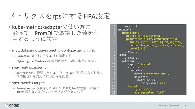 Cloud Native Developers JP
メトリクスをrpsにするHPA設定
• kube-metrics-adapterの使い⽅に
沿って、PromQLで取得した値を利
⽤するように設定
40
(...snip...)
metadata:
annotations:
metric-config.external.
prometheus-query.prometheus/rps: |
sum by (job) (rate(nginx_ingress_
controller_nginx_process_requests_
total[1m])
(...snip...)
spec:
(...snip...)
metrics:
- type: External
external:
metric:
name: prometheus-query
selector:
matchLabels:
query-name: rps
target:
type: Value
averageValue: ”100"
1
2
3
4
5
6
7
8
9
10
11
12
13
14
15
16
17
18
19
• metadata.annotations.metric-config.external.[ph]:
– Prometheusに対するクエリを指定する
– Nginx Ingress Controllerで観測されたrps値を取得している
• spec.metrics.external:
– anntotationsに記述したクエリと、target（利⽤するメトリク
スの指定）を対応づける設定を記述
• spec.metrics.target:
– Prometheusから取得したメトリクスをPod数で割った値が
100を超えないようにスケーリングをおこなう
