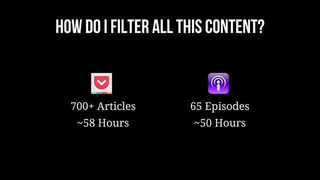HOW DO I FILTER ALL THIS CONTENT?
700+ Articles 65 Episodes
~58 Hours ~50 Hours
