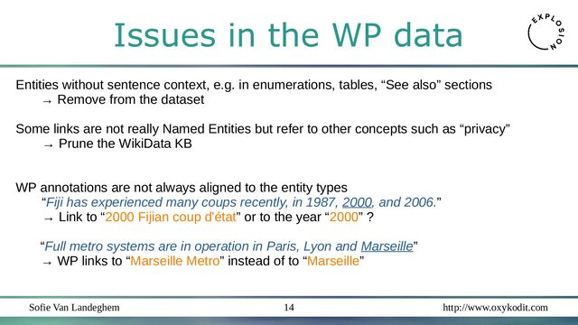 Sofie Van Landeghem http://www.oxykodit.com
14
Issues in the WP data
Entities without sentence context, e.g. in enumerations, tables, “See also” sections
→ Remove from the dataset
Some links are not really Named Entities but refer to other concepts such as “privacy”
→ Prune the WikiData KB
WP annotations are not always aligned to the entity types
“Fiji has experienced many coups recently, in 1987, 2000, and 2006.”
→ Link to “2000 Fijian coup d'état” or to the year “2000” ?
“Full metro systems are in operation in Paris, Lyon and Marseille”
→ WP links to “Marseille Metro” instead of to “Marseille”
