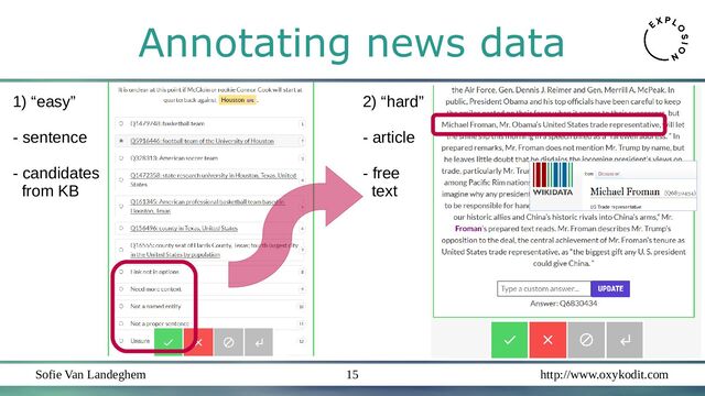 Sofie Van Landeghem http://www.oxykodit.com
15
Annotating news data
1) “easy”
- sentence
- candidates
from KB
2) “hard”
- article
- free
text
