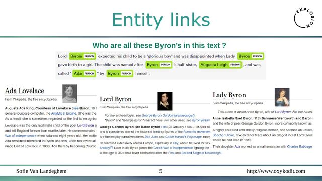 Sofie Van Landeghem http://www.oxykodit.com
5
Entity links
Who are all these Byron’s in this text ?
