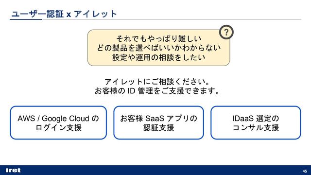 ユーザー認証 x アイレット
45
それでもやっぱり難しい
どの製品を選べばいいかわからない
設定や運用の相談をしたい
AWS / Google Cloud の
ログイン支援
お客様 SaaS アプリの
認証支援
IDaaS 選定の
コンサル支援
アイレットにご相談ください。
お客様の ID 管理をご支援できます。
