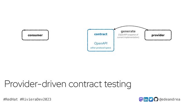@edeandrea
#RedHat #RivieraDev2023
contract


consumer provider
OpenAPI
Provider-driven contract testing
generate


(OpenAPI snapshot of
current implementation)
other protocol specs
