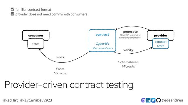 @edeandrea
#RedHat #RivieraDev2023
contract


consumer
tests
provider
mock
contract
tests
verify
OpenAPI
Provider-driven contract testing
generate


(OpenAPI snapshot of
current implementation)
other protocol specs
☑ familiar contract format
☑ provider does not need comms with consumers
Prism
Microcks
Schemathesis


Microcks
