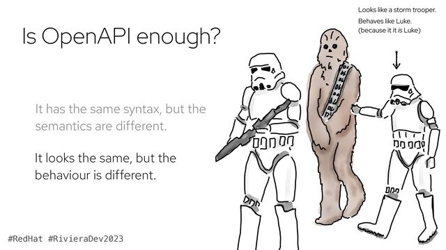@edeandrea
#RedHat #RivieraDev2023
Is OpenAPI enough?
It has the same syntax, but the
semantics are different.
It looks the same, but the
behaviour is different.
Looks like a storm trooper.


Behaves like Luke.
(because it it is Luke)
