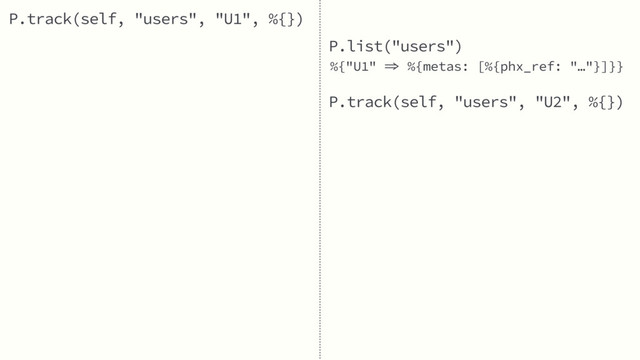 P.track(self, "users", "U1", %{})
P.list("users")
P.track(self, "users", "U2", %{})
%{"U1"  %{metas: [%{phx_ref: "…"}]}}
