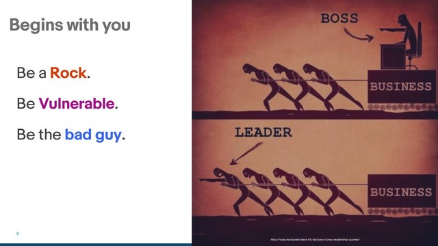 Begins with you
9
Be a Rock.
Be Vulnerable.
Be the bad guy.
http://vrpe.me/quote/best-45-tactueux-funny-leadership-quotes/
