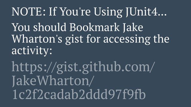 NOTE: If You're Using JUnit4...
You should Bookmark Jake
Wharton's gist for accessing the
activity:
https://gist.github.com/
JakeWharton/
1c2f2cadab2ddd97f9fb

