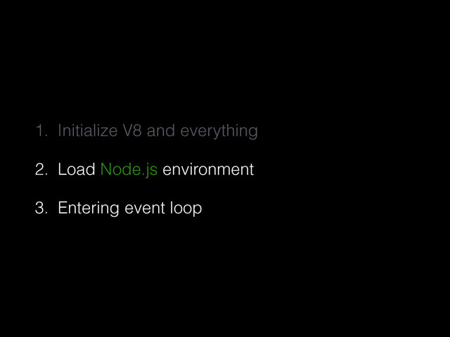 1. Initialize V8 and everything
2. Load Node.js environment
3. Entering event loop
