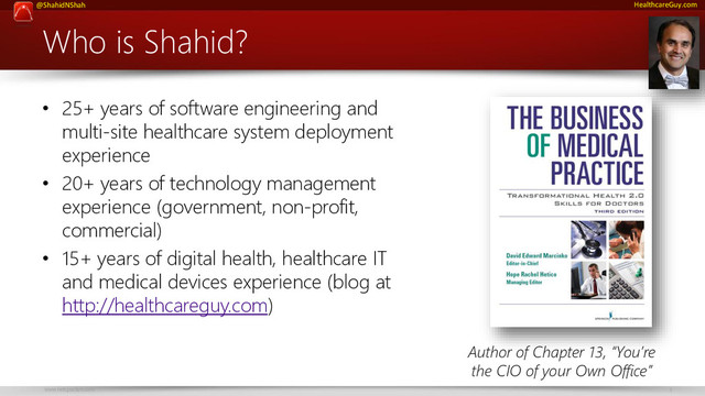 www.netspective.com 3
@ShahidNShah HealthcareGuy.com
Who is Shahid?
• 25+ years of software engineering and
multi-site healthcare system deployment
experience
• 20+ years of technology management
experience (government, non-profit,
commercial)
• 15+ years of digital health, healthcare IT
and medical devices experience (blog at
http://healthcareguy.com)
Author of Chapter 13, “You’re
the CIO of your Own Office”
