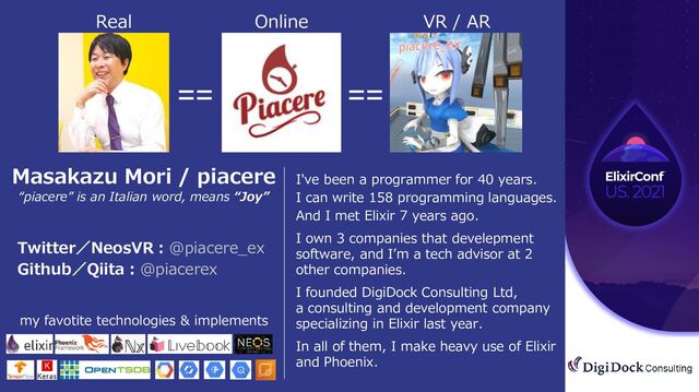 All Rights Reserved. | CONFIDENTIAL
©︎2021 All Rights Reserved. | CONFIDENTIAL
©︎2021
my favotite technologies & implements
Twitter／NeosVR：@piacere_ex
Github／Qiita：@piacerex
I've been a programmer for 40 years.
I can write 158 programming languages.
And I met Elixir 7 years ago.
I own 3 companies that develepment
software, and I’m a tech advisor at 2
other companies.
I founded DigiDock Consulting Ltd,
a consulting and development company
specializing in Elixir last year.
In all of them, I make heavy use of Elixir
and Phoenix.
Masakazu Mori / piacere
“piacere” is an Italian word, means “Joy”
==
==
Real Online VR / AR
