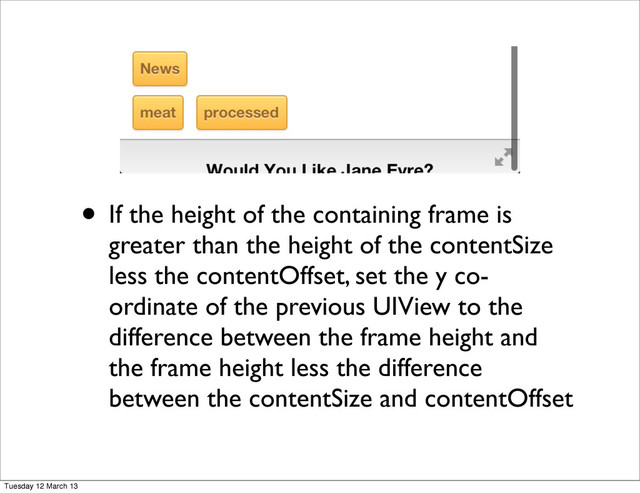 • If the height of the containing frame is
greater than the height of the contentSize
less the contentOffset, set the y co-
ordinate of the previous UIView to the
difference between the frame height and
the frame height less the difference
between the contentSize and contentOffset
Tuesday 12 March 13
