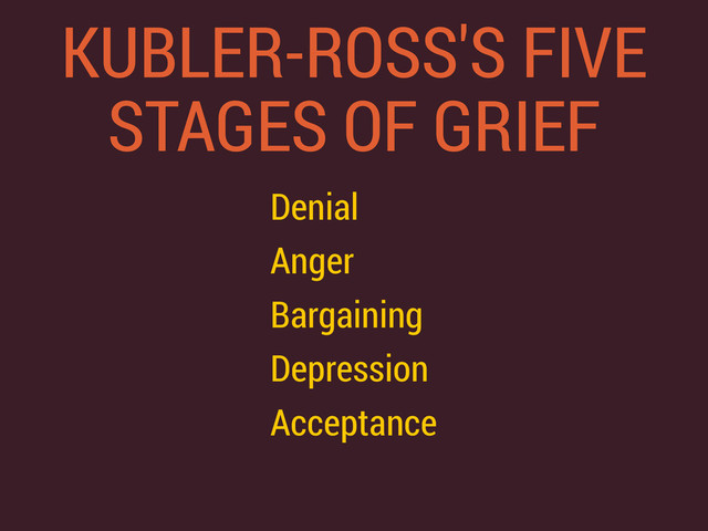 KUBLER-ROSS'S FIVE
STAGES OF GRIEF
Denial
Anger
Bargaining
Depression
Acceptance
